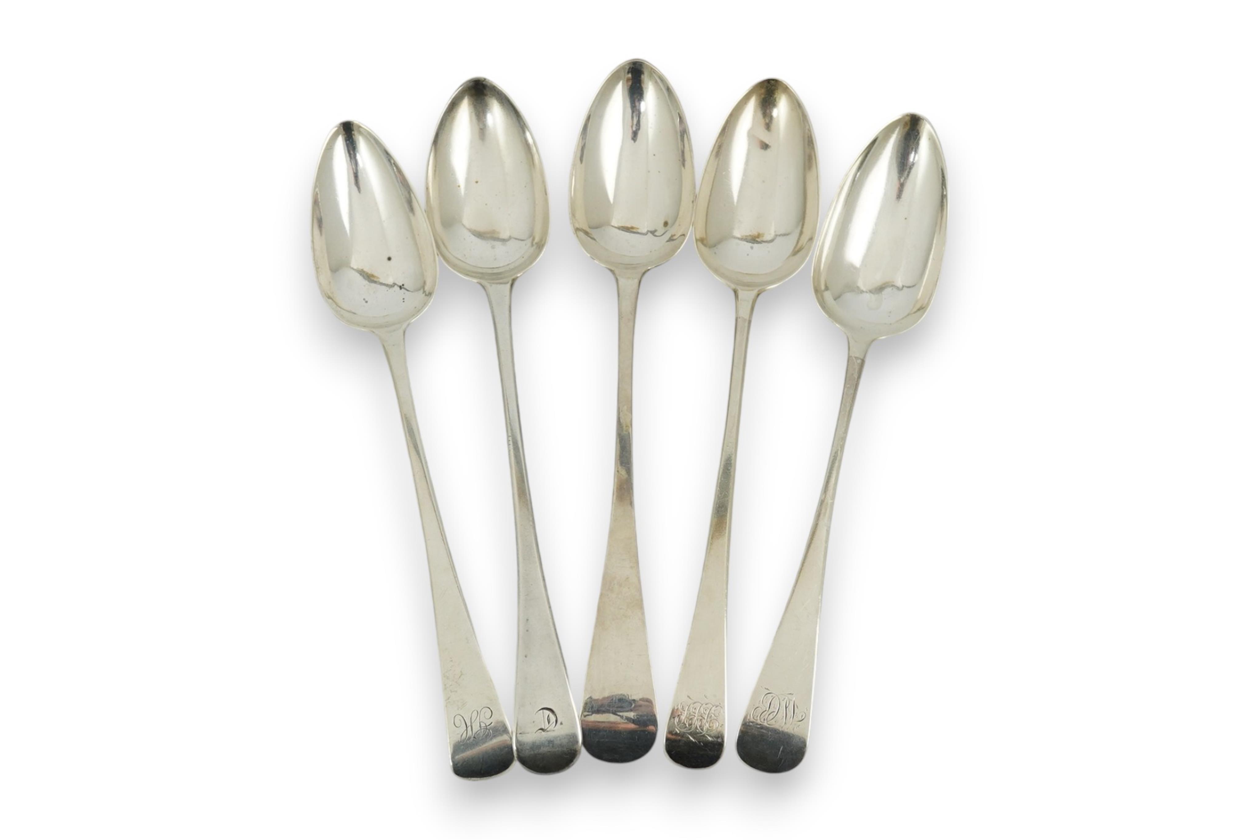 Five assorted late 18th/early 19th century silver Old English pattern basting spoons, various dates and makers, earliest Smith & Fearn, London, 1797, latest London, 1825, 18.5oz.